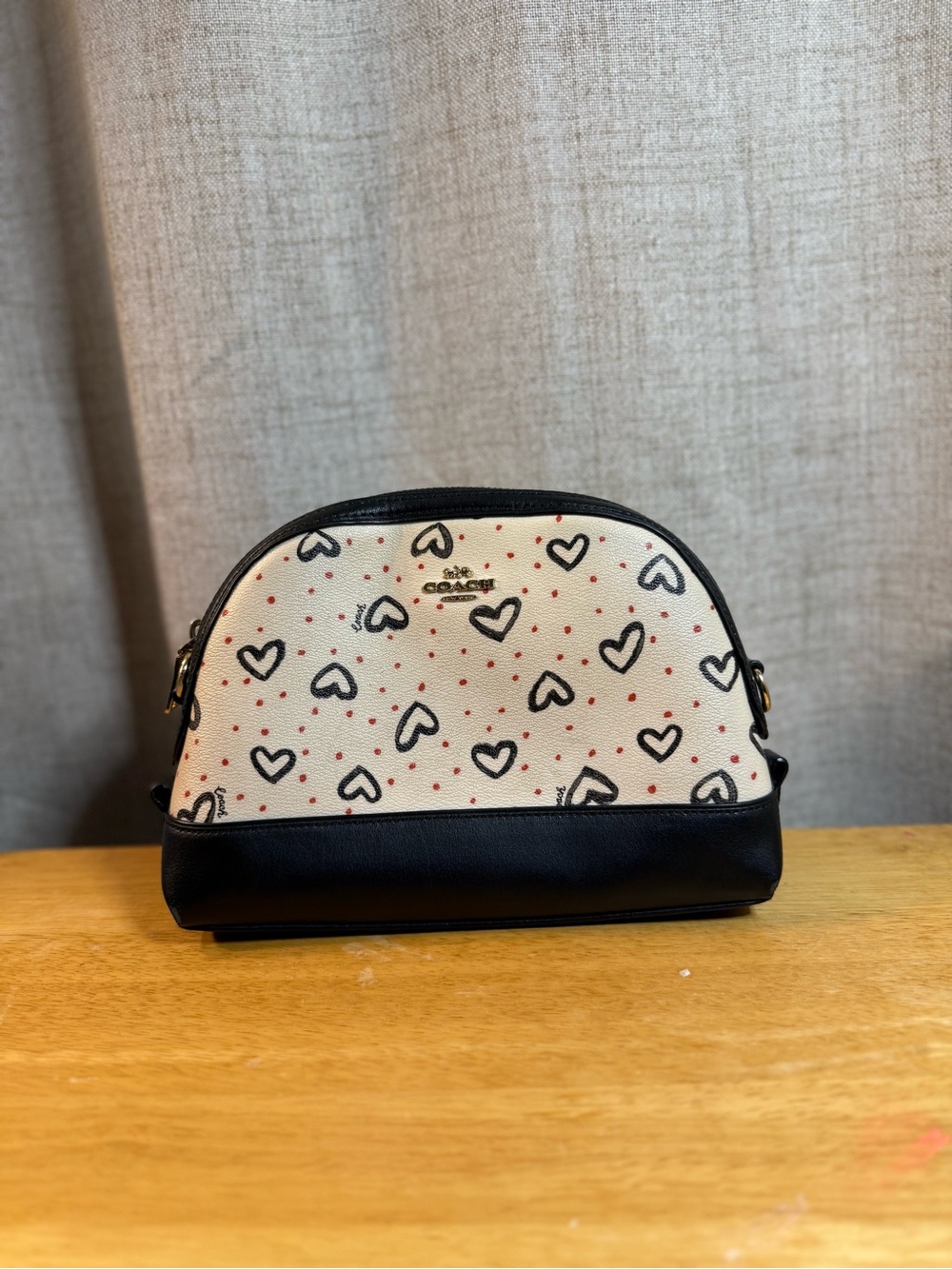 Coach Cream and Black Heart Print Shoulder Bag